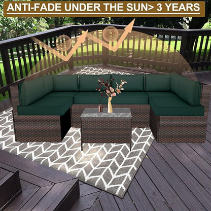 14 Piece Outdoor Patio Cushion Cover Replacement, Waterproof Patio Cushion Covers, Outdoor Furniture Cushion Covers Set for 6 Seat Wicker Rattan Sofa (Deep Green)
