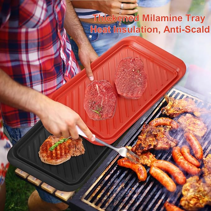 2 Pack Grilling Prep and Serve Trays, 17" x 10.5" BBQ Platters for Cooked and Raw Meat, Melamine Serving Trays for Food, Outdoor, Grill Accessories, Dishwasher Safe, Black and Red