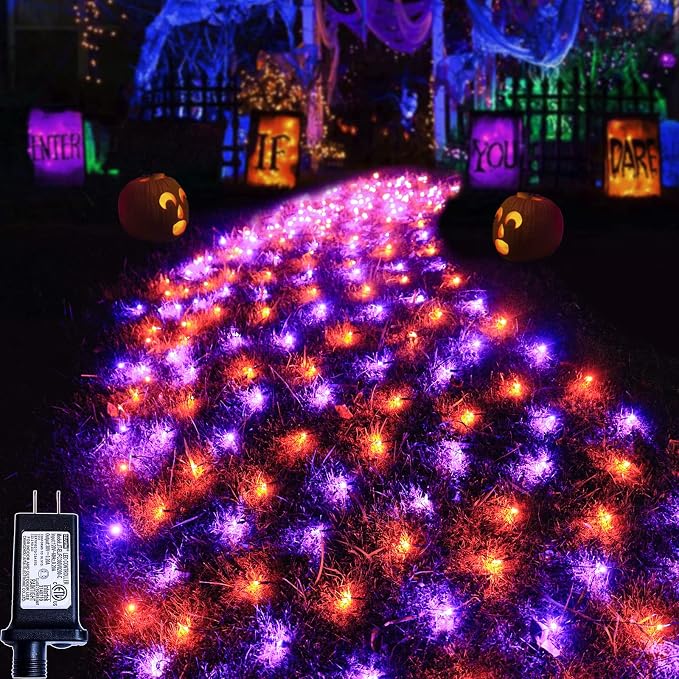 Pooqla Orange and Purple Halloween Net Lights Outdoor, 21x 5ft Green Wire | 360 LED Large Net Mesh Lights Plug in, 8 Modes Waterproof Connectable Bushes Lights for Halloween Hedge Yard Decor