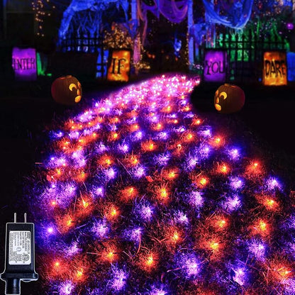 Pooqla Orange and Purple Halloween Net Lights Outdoor, 21x 5ft Green Wire | 360 LED Large Net Mesh Lights Plug in, 8 Modes Waterproof Connectable Bushes Lights for Halloween Hedge Yard Decor