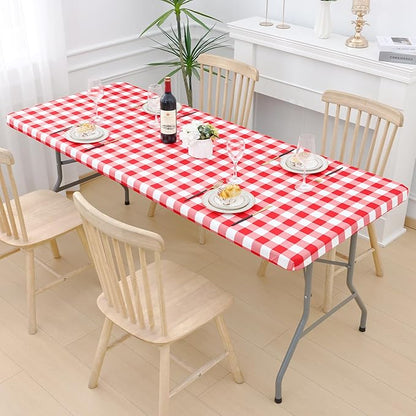 Smiry Picnic Table Cloth 2 Pack, Waterproof Elastic Fitted Tablecloths for 36x60 Rectangle Tables, Washable Polyester Buffalo Plaid Tablecloth for Camping, Dining & Outdoor (Red & White, 36" x 60")