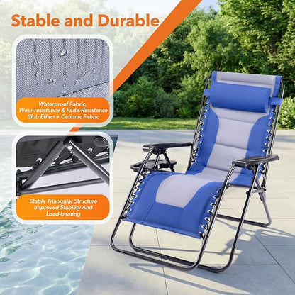 Sweetcrispy Zero Gravity Chairs, Foldable Patio Reclining Chairs with Adjustable Pillow & Cup Holder, Oversized Portable Support 400 lbs, for Backyard Camping, Blue-Gray
