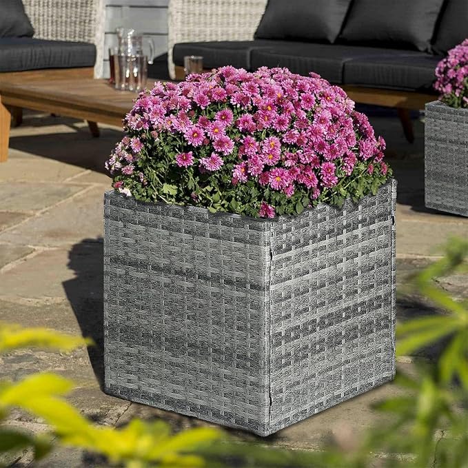 SUNNYPARK Gray Square Planter Box Rattan for Outdoors 17x17x18inch | All-Weather, Handmade PE Rattan, Removable Liner, Indoor Outdoor, Patio Porch Garden, Modern Design for Plants Flowers