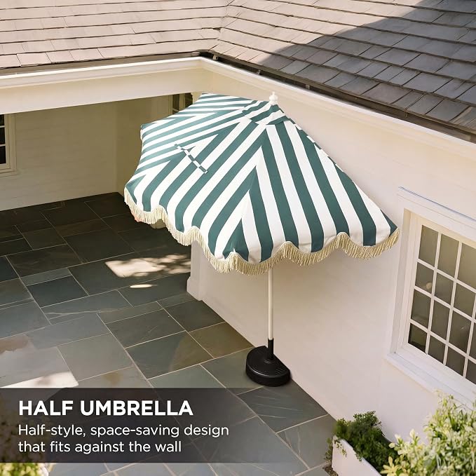 JONATHAN Y Beverly 9 ft. Striped Half Umbrella, Green/White | Coastal Scalloped Fringe, Crank Lift, 30 Degree Manual Tilt, UV 50 Fabric Canopy, Aluminum Frame, Space Saving Design