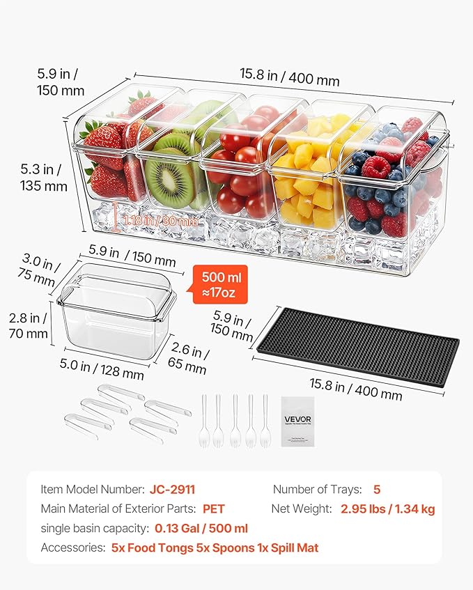 VEVOR Chilled Condiment Server Caddy, 5 Compartment Ice Cooled Serving Container, Plastic Fruit Garnish Tray Platter with Separate Lid, for Taco Salad Bar Accessories, Party Home Restaurant Supplies