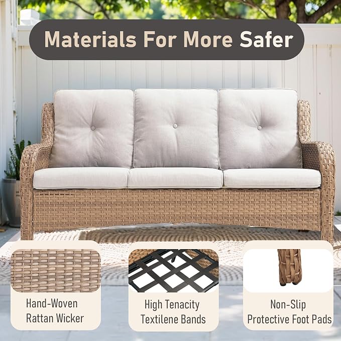 Outdoor Couch All Weather PE Wicker Patio Sofa Outdoor Sofa Deep Seating for Porch Deck Backyard-Yellow Wicker/Beige