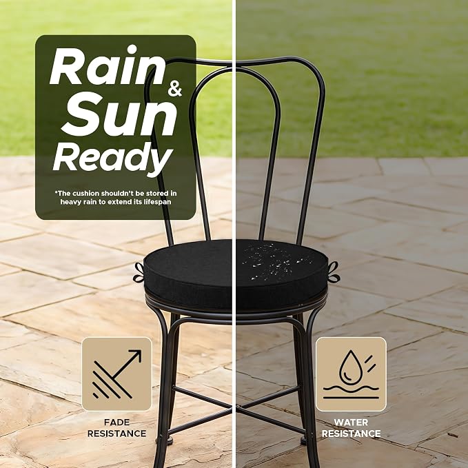 Outdoor Round Chair Cushions 18 Inch, Set of 2, Black | Fade-Resistant, Water-Resistant, Bistro Chair Seat Pads for Porch Garden Balcony Patio Furniture Stools, Non-Slip Bottom