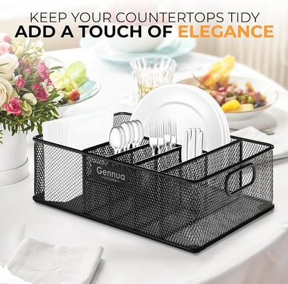 Gennua Kitchen Paper Plate Organizer for Cabinet, Counter, Picnics, Parties & More, Extra Large Utensil Caddy Crafted of Thick Iron Mesh With 6 Compartments for Paper Plates & Plastic Silverware