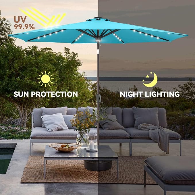 Solar Patio Umbrella with Centre Light, 9 ft Aqua Blue | 40 LED Lights, UV Protection, Solar Outdoor Umbrella for Porch, Deck, Pool, Table, Garden, Provides Evening Lighting