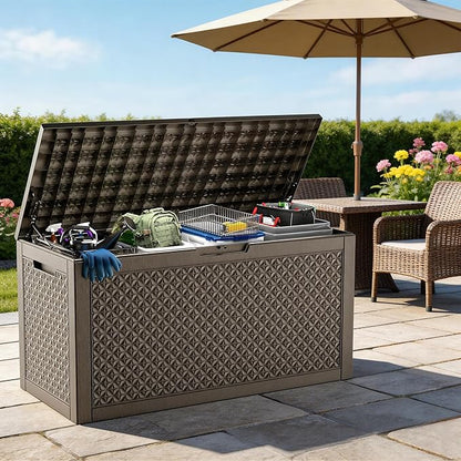 121 Gallon Outdoor Storage Box, New Classic Deck Box with Hydraulic Lid, Durable Waterproof Resin Storage Bin for Patio Furniture, Garden Tools, Cushions, Pool Accessories, Grey