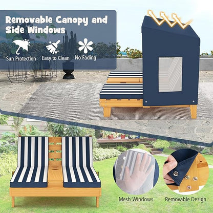 HONEY JOY Kids Chaise Lounge Chair Outdoor, Toddler Wood Double Pool Lounger Chairs w/Canopy, Cup Holders, Removable Stripped Fabric Cushions, 2-Person Kids Patio Furniture for Backyard (Navy Blue)