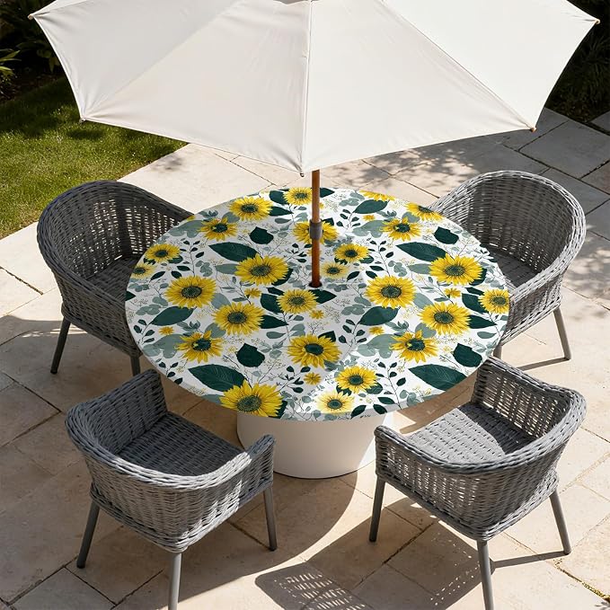 Outdoor Tablecloth with Umbrella Hole and Zipper Fits 45-48" Tables | Waterproof Round Fitted Tablecloth with Elastic Edge, Wipeable Outdoor Table Cover for Patio, Garden, Picnic