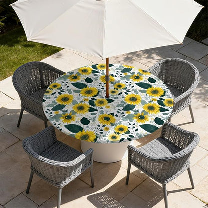 Outdoor Tablecloth with Umbrella Hole and Zipper Fits 49-52" Tables | Waterproof Round Fitted Tablecloth with Elastic Edge, Wipeable Outdoor Table Cover for Patio, Garden, Picnic