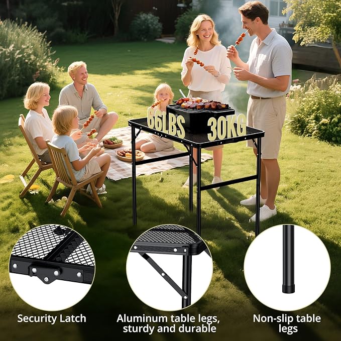 Anbte Portable Grill Table Max 29.5", 2 Adjustable Heights Folding Camping Table with Heat-Resistant Mesh Tabletop &Portable Handle, Waterproof, for Cooking BBQ Outdoor Patio, 31" X 22", Black