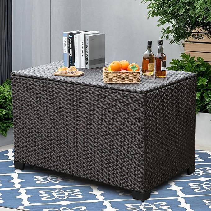 Lviden 140 Gallon Outdoor Storage Box Wicker Patio Storage Bin with Waterproof Lining Bag Deck Box and Cushion Storage Bin Outdoor, Brown
