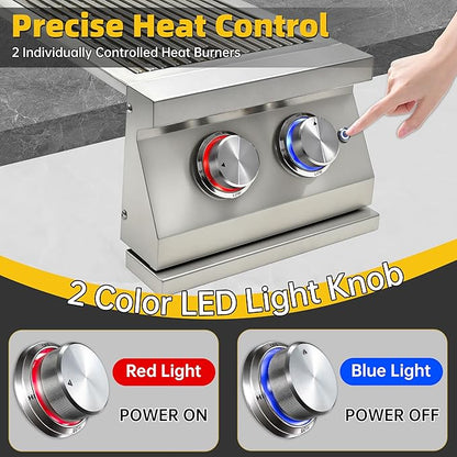 Double Side Burners for Outdoor Grill, Heavy-Duty 304 Stainless Steel, Built-in Side Burners with LED for Outdoor Kitchen BBQ Island, 2x17,000BTU Liquid Propane Side Burner Convertible to Natural Gas