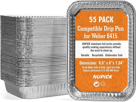 NUPICK 55 Pack 6415 Drip Pans Compatible for Weber Spirit Series, Genesis Series, Q Series Grills, Disposable Aluminum Foil Grease Trays, 8.5" x 6"