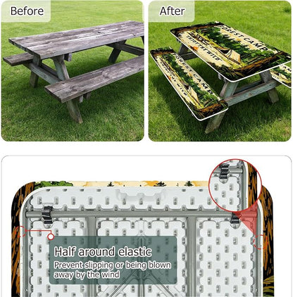 3 Piece Picnic Table Cover with Bench Covers and Bag, Camping Essentials | Outdoor 6ft Table Cover with Elastic Edges, Waterproof Windproof, for Rectangle Tables and Seat for Patio, Forest (30"x72")