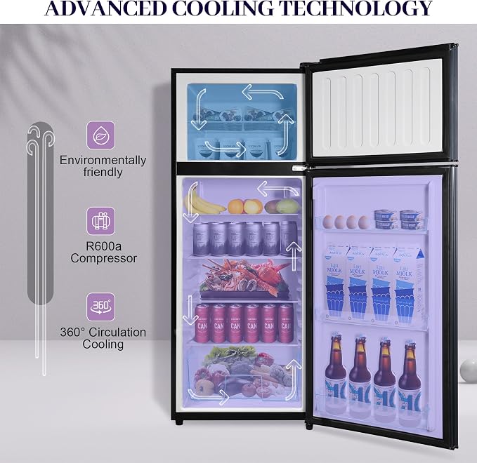 Fridge with Freezer 7.4 Cu. Ft., 2-Door Apartment Refrigerator with Adjustable Thermostat & Shelves, LED Lights Refrigerator with Freezer for Kitchen, Office, Dorm, Garage, Blue