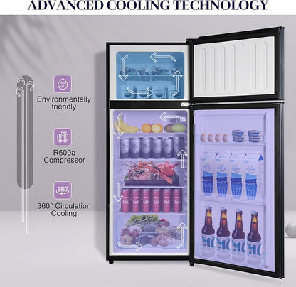 Fridge with Freezer 7.4 Cu. Ft., 2-Door Apartment Refrigerator with Adjustable Thermostat & Shelves, LED Lights Refrigerator with Freezer for Kitchen, Office, Dorm, Garage, Blue