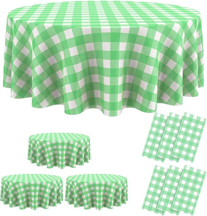 Disposable Checkered Tablecloth Round Plastic Buffalo Plaid Table Cloth 84'' Gingham Tablecover for Picnic Camping BBQ Graduation Party(Green and White,6 Pieces)