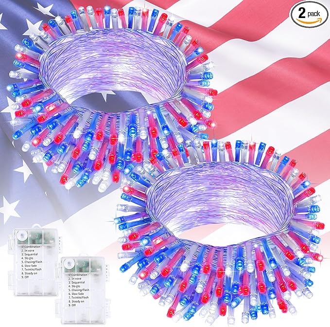 2 Pack Red White and Blue Battery Operated Fairy Lights, 33FT 100LED 4th of July String Lights with Timer, 8 Modes Waterproof Patriotic Twinkle Light Indoor Outdoor for Independence Day Memorial Day