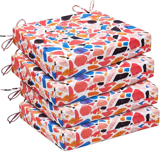UNIKOME Outdoor Chair Cushions Pack of 4, Water Resistant Patio Cushions with Ties, High Density Sponge Filling Square Corner Seat Cushions for Outdoor Furniture, 18.5"*16"*3", Petal Stone