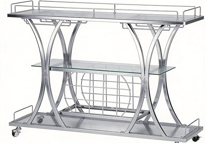 Silver Bar Carts with Glass Holders & Wine Rack, 3 Tier Home Bar Serving Carts with Glass Shelves, Metal Rolling Bar Carts for The Home Kitchen, Party