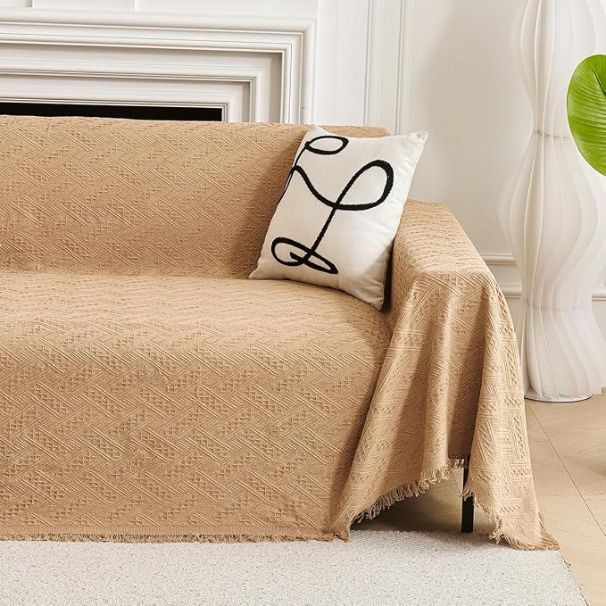 AIVIA Couch Cover Sheet Blanket, Oversized Covers for 3 Cushion Sofa, Large Furniture Decoration Slipcovers, L-Shape U-Shaped Sectional Protector for Cats Dogs Pets (Khaki, 71” x 118”)