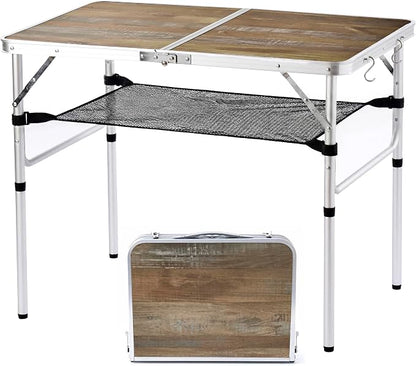 YUFIFAIRY Aluminum Camp Table, 36''L x24''W Folding Table Portable | Lightweight Foldable, Storage Net, Carry Handle, 2 Adjustable Height16"/28", For Indoor, Outdoor, Cooking, Picnic, Wood Grain