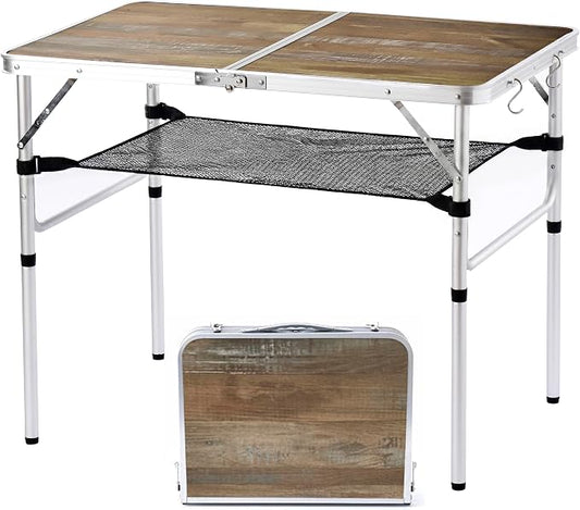 YUFIFAIRY Aluminum Camp Table, 36''L x24''W Folding Table Portable | Lightweight Foldable, Storage Net, Carry Handle, 2 Adjustable Height16"/28", For Indoor, Outdoor, Cooking, Picnic, Wood Grain