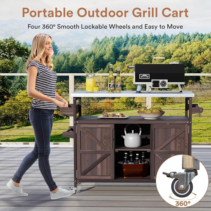 Zevemomo Outdoor Grill Cart with Storage, Lockable Casters, Brown | Stainless Steel Tabletop Outdoor Kitchen Island, Fir Wood Outdoor Buffet Cabinet for Kitchen & Barbecue