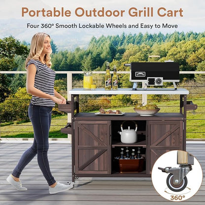 Zevemomo Outdoor Grill Cart with Storage, Lockable Casters, Brown | Stainless Steel Tabletop Outdoor Kitchen Island, Fir Wood Outdoor Buffet Cabinet for Kitchen & Barbecue