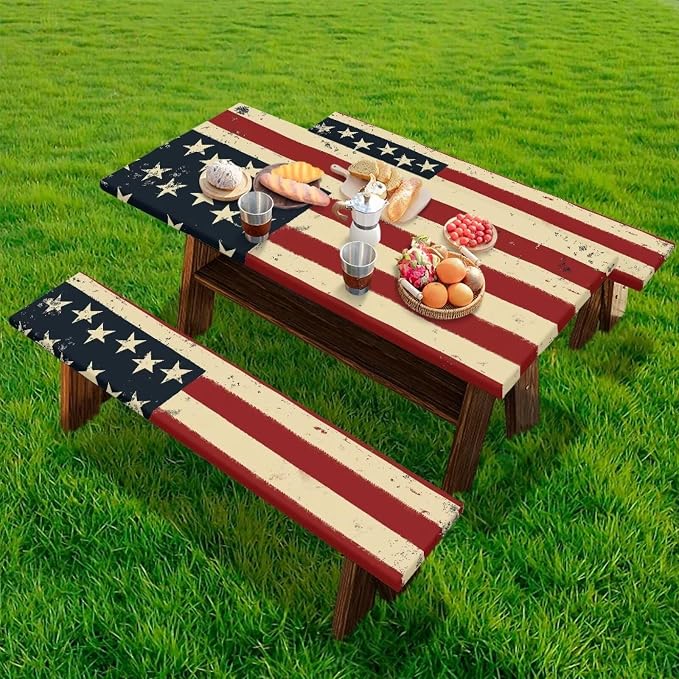 Classic American Flag Picnic Table Cover for Outdoor Camping Patriotism Elastic Fitted Table Cloth for Camping Party Supplies 3 PCS Set