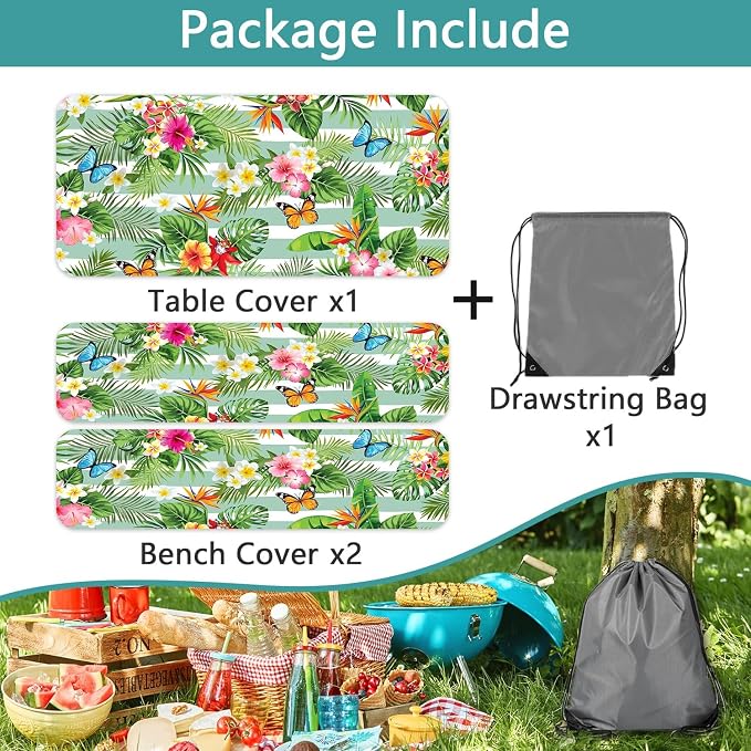 Picnic Table Cover with Bench Covers, Camping Essentials Hawaiian Luau Tropical Palm Leaves Flower Butterfly Waterproof Windproof Fitted Tablecloth Cover with Elastic Edge for Outdoor 3 PCS 30x72 Inch