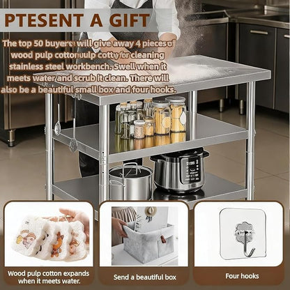 Stainless Steel Prep and Work Table with Wheels, Multi-Size Heavy-Duty Metal Commercial Kitchen Commercial Workbench,Suitable for Restaurants, Homes,Outdoor and Hotels (24" Lx24 Wx34 H)