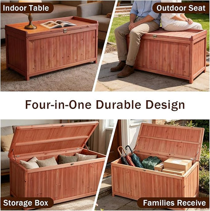 75 Gallon Wood Deck Box,Outdoor Storage Bench Container for Patio Furniture Cushions, Pillows, Garden Tools,Pool Accessories (Wood)