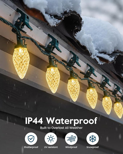 Minetom C9 LED Christmas Lights Outdoor, 81Ft 100 LED String Lights with Quick Clips, Extendable Waterproof Outdoor Xmas Decorations, Warm White