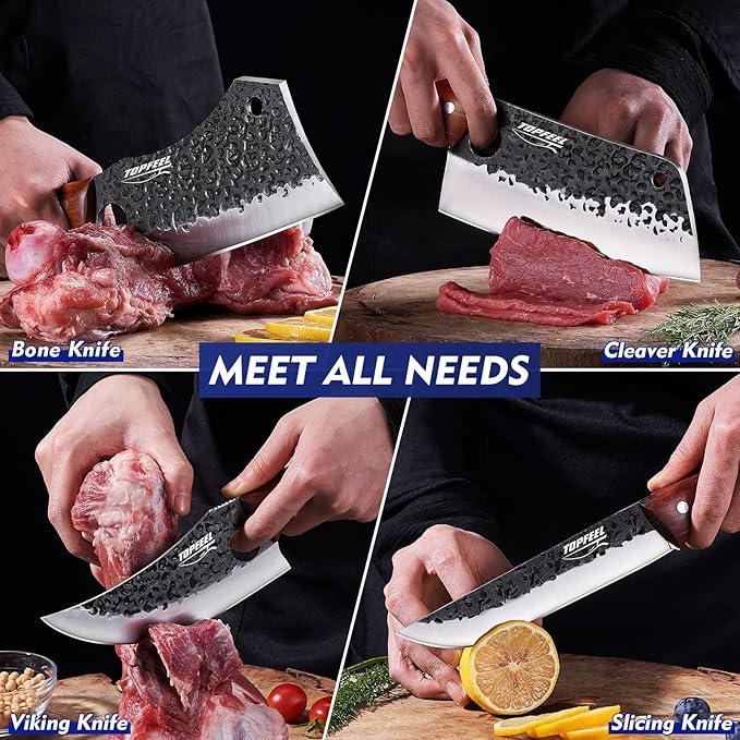 Topfeel 4PCS Meat Cleaver Set -Heavy Duty Bone Chopper & Meat Cleaver & Viking Knife & Slicing Knife, Chef Knives Set for Home Kitchen,Camping, BBQ Knives Gift for Men