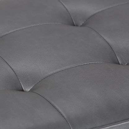 SIMPLIHOME Cosmopolitan Storage Ottoman Bench - 44 inch Wide Upholstered Vegan Leather Rectangle Storage Ottoman in Stone Grey, Transitional Bench for Bedroom with Tufted Lift-Top and Open Shelf