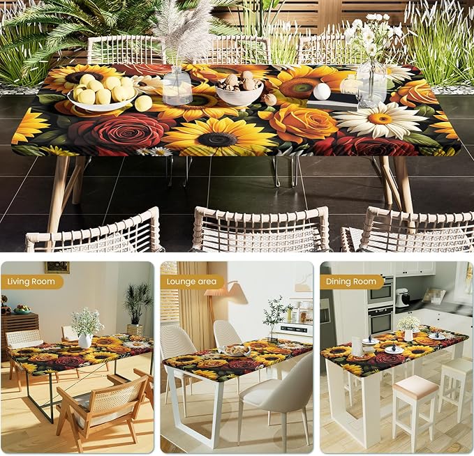 Irisbell Picnic Table Cover with Elastic Edge,6FT Wind Proof Wrinkleproof Fitted Tablecloth Cover Camping Beach Patio Rectangle Table Cloth for Indoor Outdoor (Sunflower, 30'' x 72'')