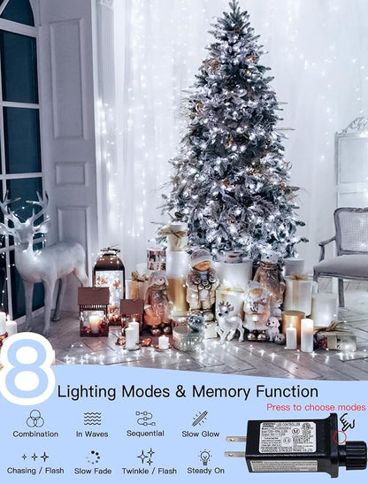 33FT 100 LED Cool White Christmas Fairy Twinkle String Lights Indoor | 8 Modes with Memory, Connectable, IP65 Waterproof, Transparent Wire, Up to 5 Sets, Widely use for Classroom, Bedroom, dorm