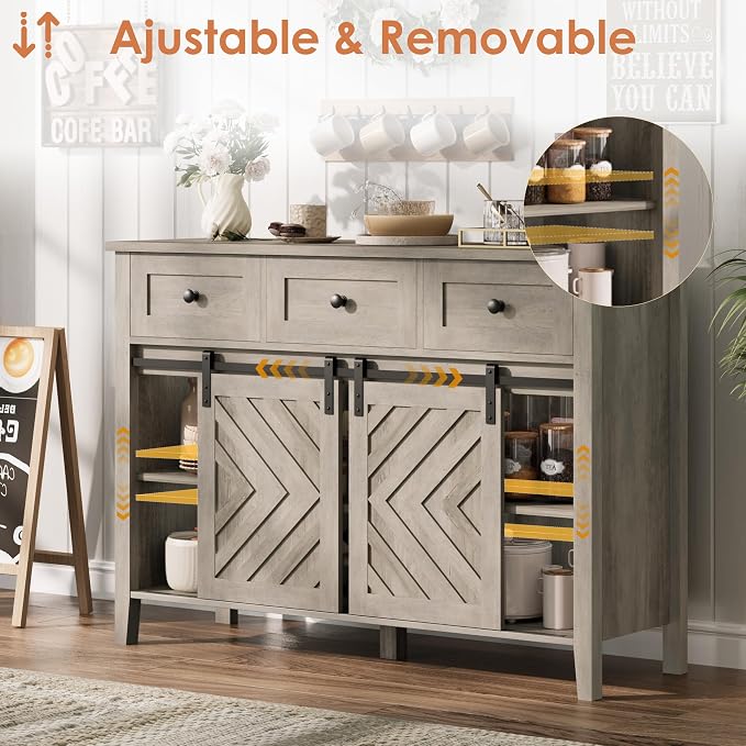CABIHOME Farmhouse 47.2'' Buffet Cabinet with Sliding Barn Door, 33.4'' Tall Wood Rustic Sideboard with 3 Drawer, Adjustable Shelf and Removable Wine Rack (Vintage, 47.2'')