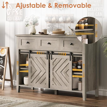 CABIHOME Farmhouse 47.2'' Buffet Cabinet with Sliding Barn Door, 33.4'' Tall Wood Rustic Sideboard with 3 Drawer, Adjustable Shelf and Removable Wine Rack (Vintage, 47.2'')