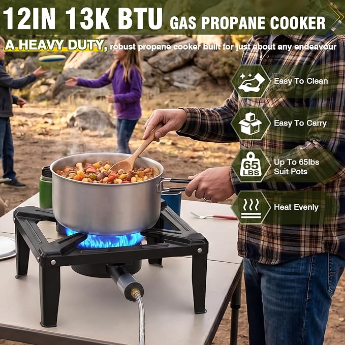 BESTFIRE Portable Single Burner Propane Stove, Cast Iron Outdoor Camping Wok Gas Cooker with Regulator Hose for Tailgating & Backyard Seafood Boil