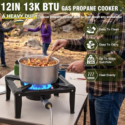 BESTFIRE Portable Single Burner Propane Stove, Cast Iron Outdoor Camping Wok Gas Cooker with Regulator Hose for Tailgating & Backyard Seafood Boil