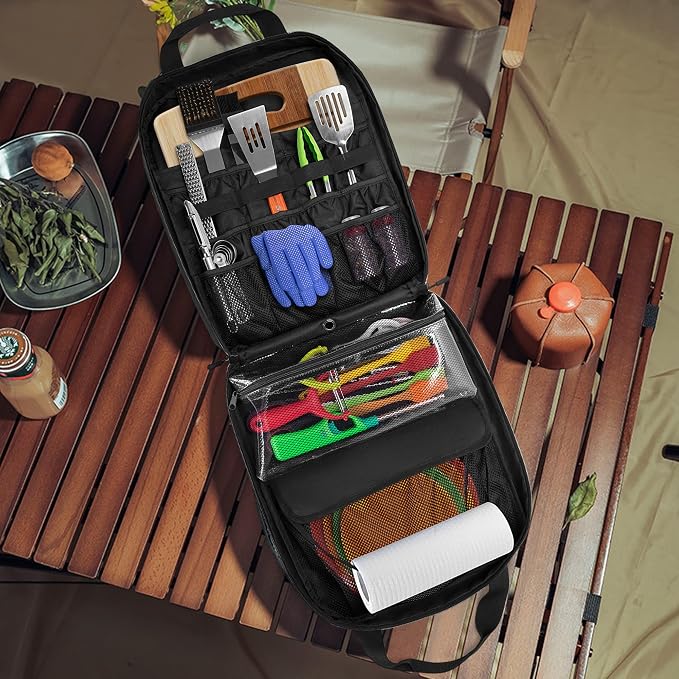 HODRANT Hanging Camp Utensil Organizer with Towel Paper Holder for Travel | Portable Camping Kitchen Cookware Bag for Knives, Forks, Spoons & More, Outdoor Cooking Tools Storage Box, Bag Only