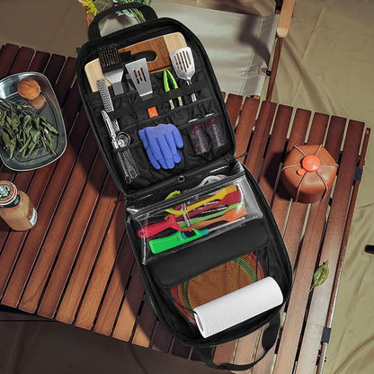 HODRANT Hanging Camp Utensil Organizer with Towel Paper Holder for Travel | Portable Camping Kitchen Cookware Bag for Knives, Forks, Spoons & More, Outdoor Cooking Tools Storage Box, Bag Only