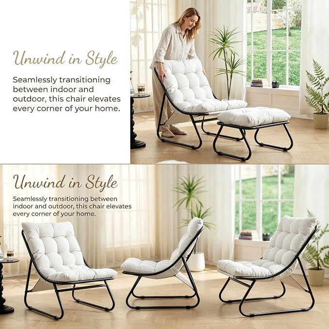 Rocking Chair with Ottoman, Modern Metal Frame Outdoor Rocker, Comfy Patio Lounge Chair with Footrest, Reading Glider Chairs for Living Room, Bedroom, Balcony, Garden, Relax, White