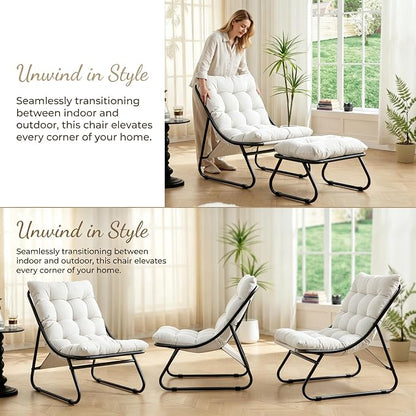 Rocking Chair with Ottoman, Modern Metal Frame Outdoor Rocker, Comfy Patio Lounge Chair with Footrest, Reading Glider Chairs for Living Room, Bedroom, Balcony, Garden, Relax, White